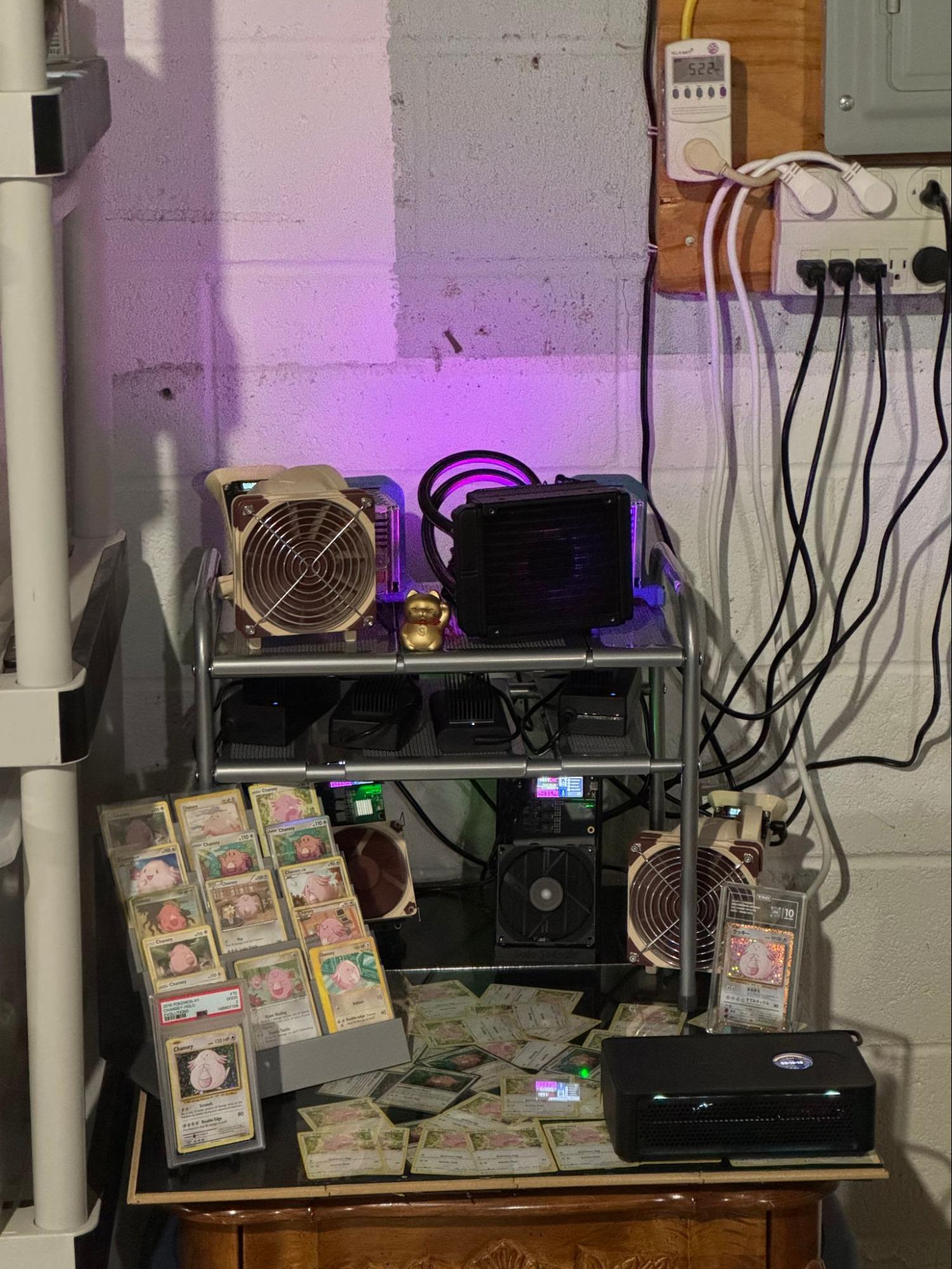 Basement mining setup with Nano3s in front and bitaxes and nerdaxes behind it, plus Chansey pokemon figures for good luck.
