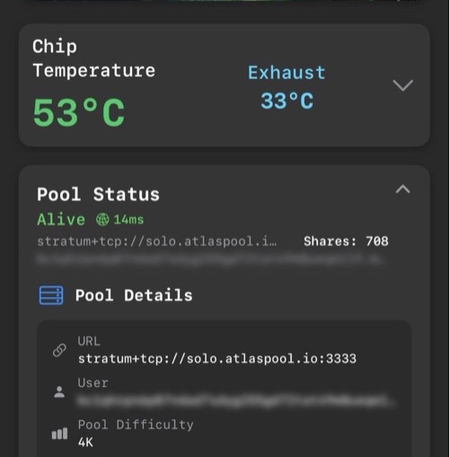 HashWatcher app after maintenance showing 6.8 TH/s hashrate, 53°C chip temp, fans at 50%.