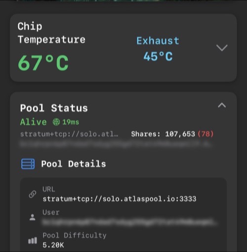 HashWatcher app before maintenance showing higher chip temps and fans at 65%.